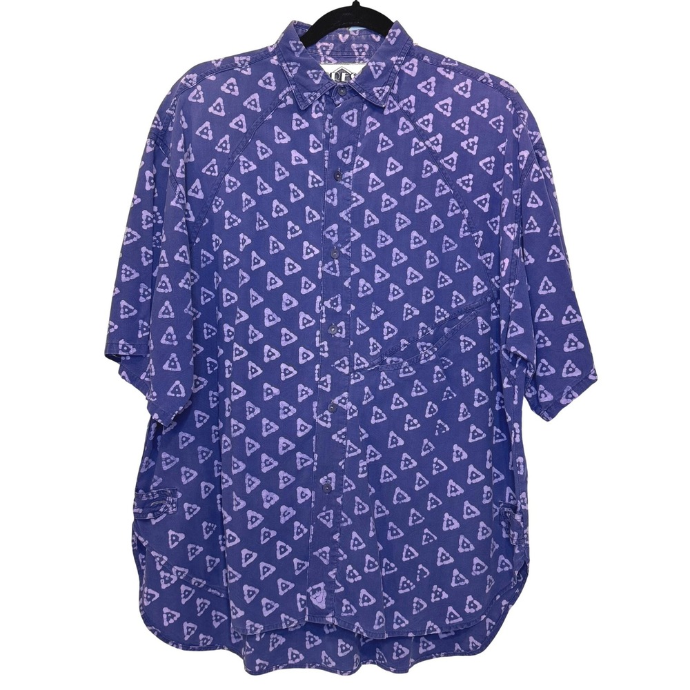 Vintage Button Down Shirt Size M Purple Batik Geometric Cotton Summer Casual - Picture 1 of 13
